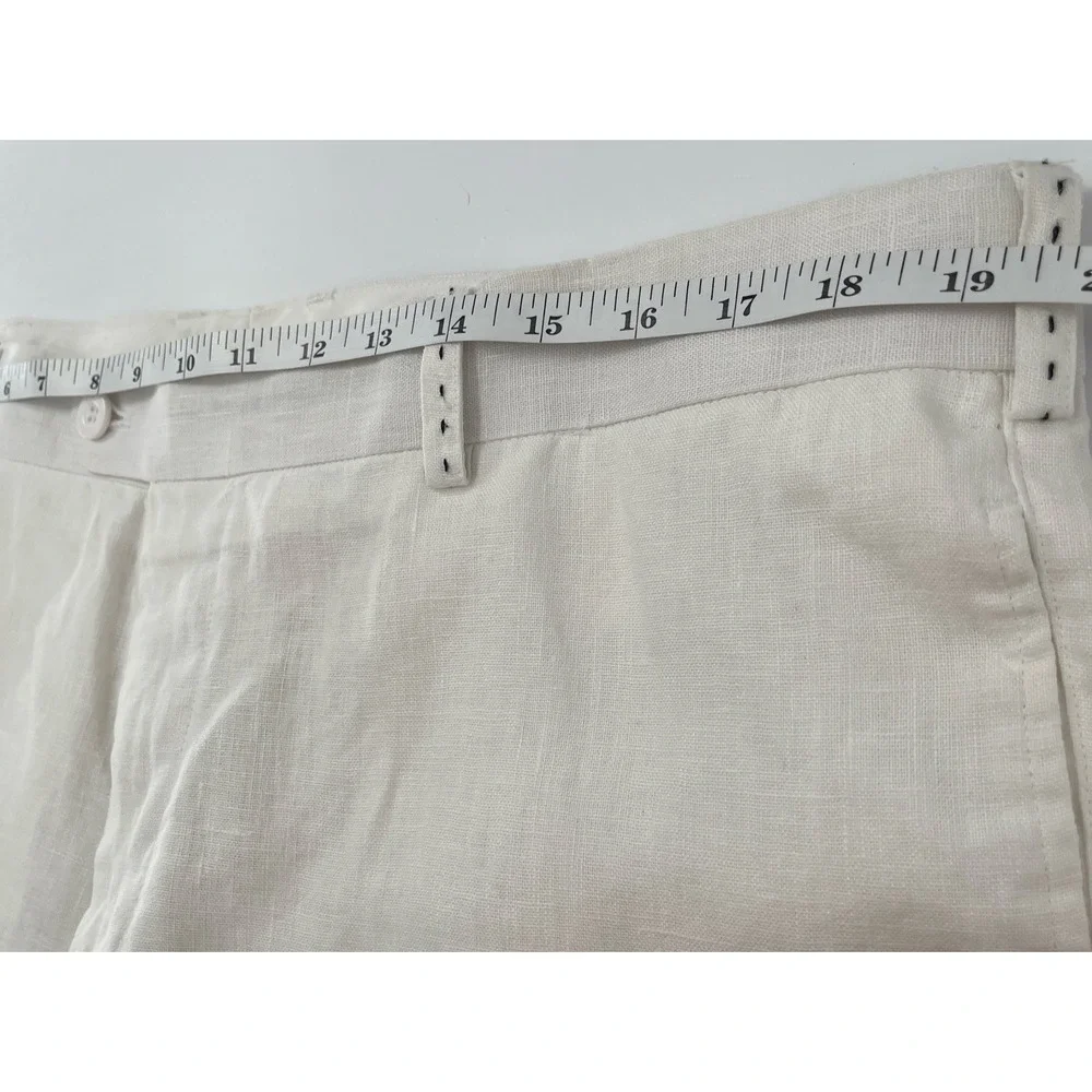 Mens Trouser Pant Linen Ivory Flat Front Sz 38 Black Stitch Detail Beach Wedding